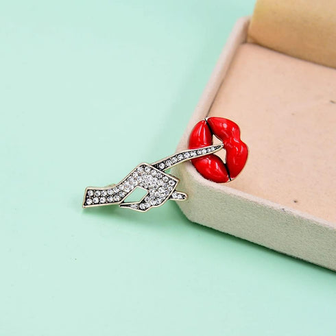 Sexy Red Lips Brooch Rhinestone Quiet Gestures Statement Brooches Lapel Pins Elegant Dress Accessories Suit Tie Art Deco Fashion Cubic Zirconia Je...