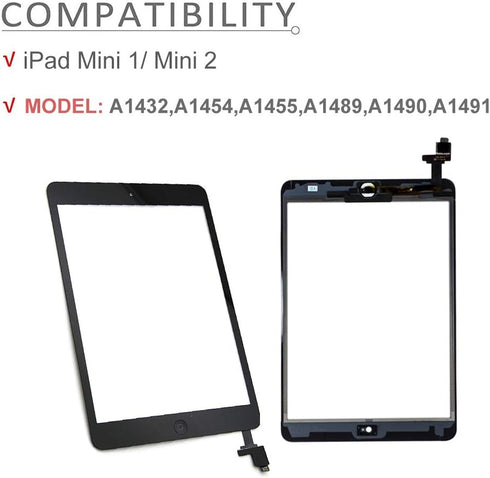 PUNG for iPad Mini 1/iPad Mini 2 Screen Replacement,A1432 A1454 A1455 A1489 A1490, Touchscreen Digitizer (Black), with Home Button, Full Repair Ki...