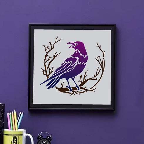 Crow Branch Divination Stencils 11.8×11.8inch Large Raven on Branch Stencils with Paint Brush Primitive Bird Drawing Template for Wood Canvas Furn...
