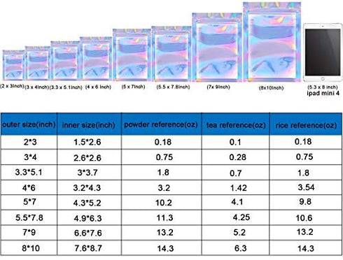 Blulu 100 Pieces Resealable Foil Proof Bags Scent Proof Flat Pouch Clear Smell Sealable Packing Bags Iridescent for Food Storage Snack Jewelry(2 x...