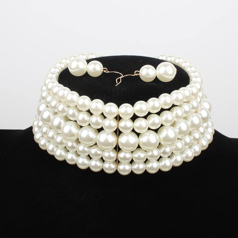 Aukmla Layered Pearl Choker Necklace Earrings Set Silver Short 1920s Chunky Necklaces Chain Wedding Jewelry Sets for Women...