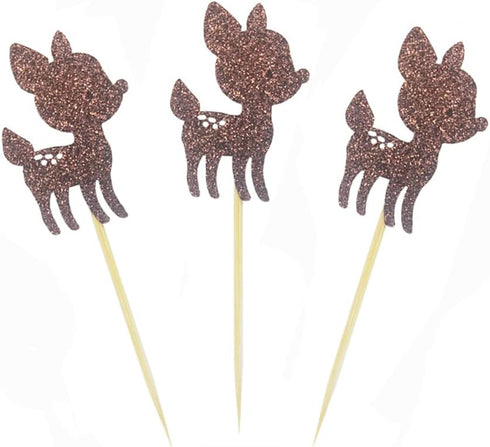 Morndew 24 PCS Brown Glitter Baby Deer Fawn Cupcake Toppers for Baby Shower Wedding Party Woodland Birthday Party Decorations...