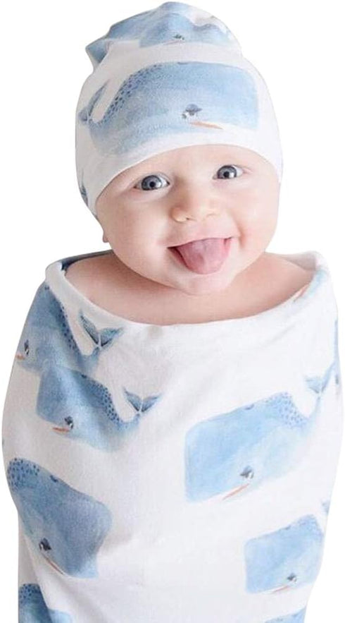 Newborn Infant Baby Sleeping Bag & Hat Cap Shark Print Baby Receiving Blanket Set (Whale, 0-12 Months)...