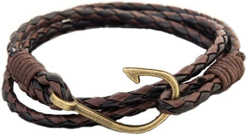 Fish Hook Leather Wrap Braided Bracelet Multi-layer Handwork Punk style Fish Clasp Bracelet for Men...