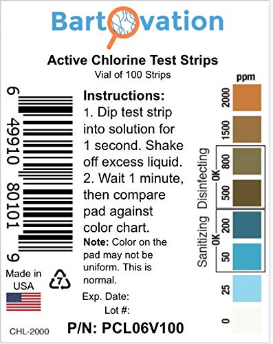 100 PK Plastic Active Chlorine Bleach Test Strip, High Level Up to 2000ppm for Sanitizers and Disinfectants Designed for DAYCARES & Senior Homes...