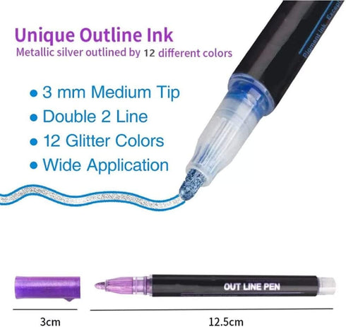 Super Squiggles Outline Markers Set, 12 Colors Shimmer Marker Set, Double Line Markers Outline Pens Metallic Markers Pens for Christmas Card Writi...