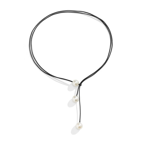 Boho Long Leather Necklace Pearl Y Drop Necklace Black Leather Wrap Choker Necklace Gothic Tie Up Necklace Chain Jewelry for Women and Girls...