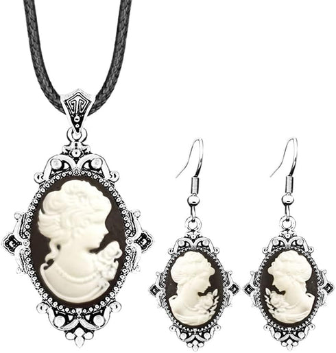 Vintage Look Flower Pendant Lady Queen Cameo Sets For Women Antique Silver Plated Cameo Necklace Earring Jewelry Set...