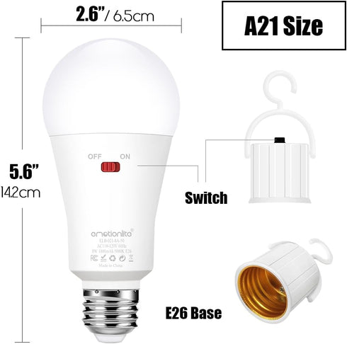 Emotionlite Rechargeable Emergency Light Bulb,1800mAh Battery Backup for Home Power Failure,Outage Emergency Reading Lighting Camping Hurricane,3 ...