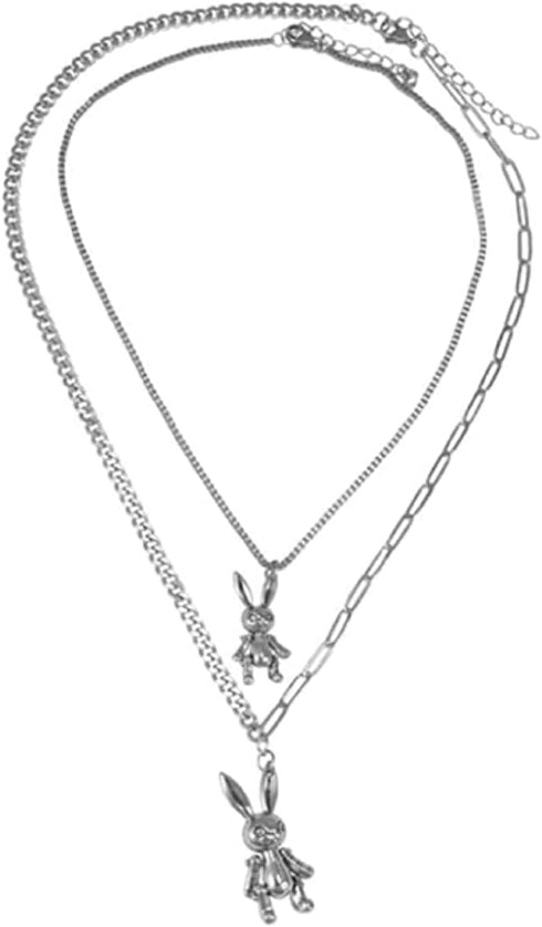 Heavy Gothic Grunge Rabbit Pendant Easter Bunny Choker Necklace Statement Long Chain Punk Multilayer Steel Material Choker Necklace for Women and ...