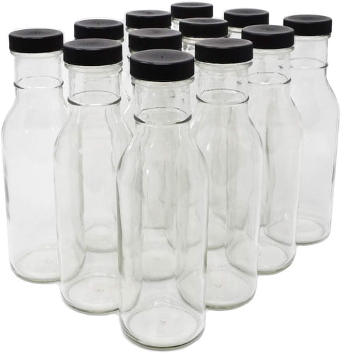 nicebottles Clear Glass Beverage/Sauce Bottles, 12 Oz, Black Caps - Case of 12...