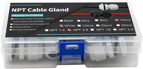 3/8 Cable Glands White PA66 Connector IP68 Waterproof Adjustable Cord Grip Strain Relief Connectors Protectors White 10PCS With Plastic Box...