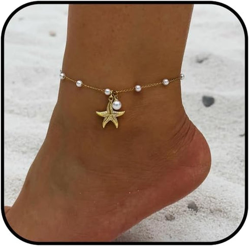 Starfish Anklets for Women Boho Beaded Starfish Anklets Waterproof Anklet Stretch Ankle Bracelets Boho Jewelry Beach Gifts for Women...