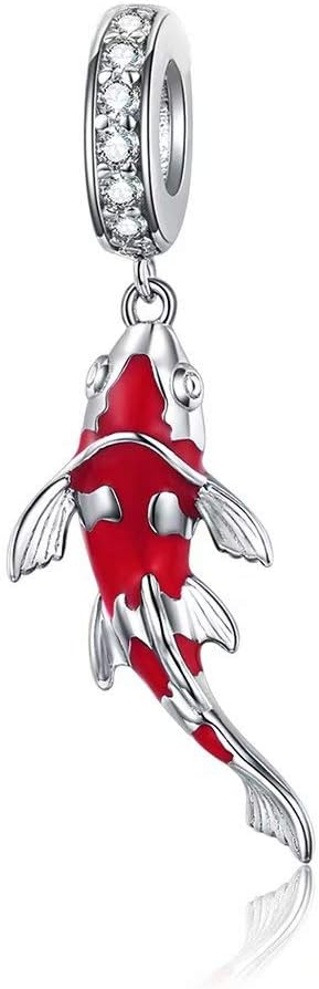 ToHa 925 Sterling Silver Carp Bead Charms,Good Luck Charms Cubic Zirconia Fish Animal Charm Koi Beaded Pendant for European Bracelet & Necklace,DI...