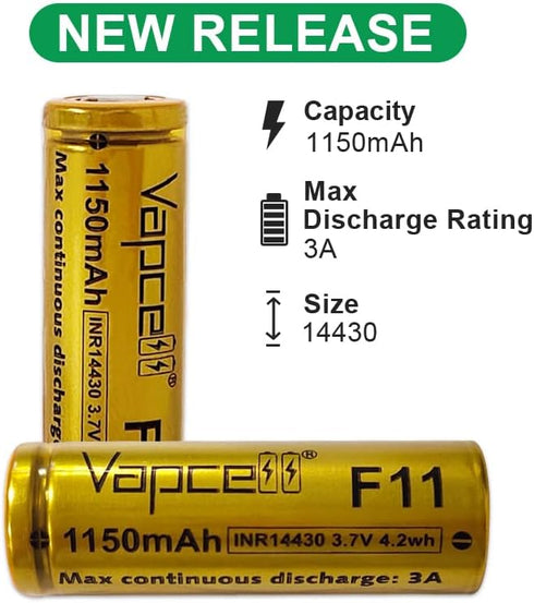 F11 14430 1150mah 3A 3.7V Flat top Rechargeable Batteries (Pack of 2)...