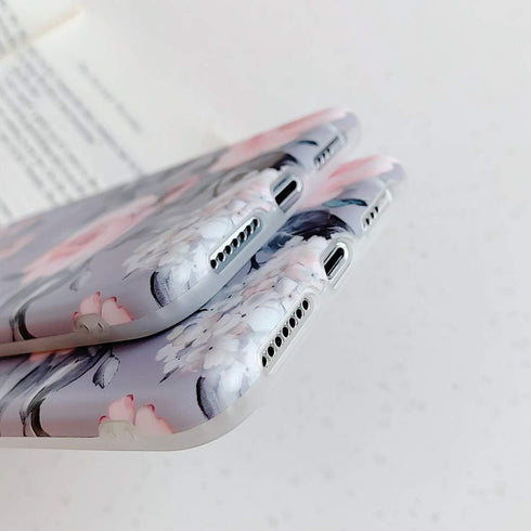 YeLoveHaw for iPhone Xs Case for Girls, Flexible Soft Slim Fit Full Protective Cute Shell Phone Case Cover with Purple Floral and Gray Leaves Patt...