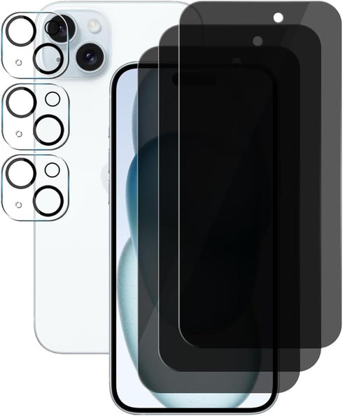 (3+3) For iPhone 15 Plus (6.7") (3 Pack) Anti Spy Private Tempered Glass Film Privacy Screen Protector and (3 Pack) Camera Lens Protector [Not Aff...