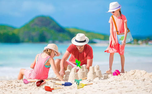 Beach Toys for Kids, 4 Pcs 8'' Sand Toys Set Metal Garden Tools with Sturdy Wooden Handle, Mesh Beach Bag (Blue),Gardening Equipment Fork, Rake, F...
