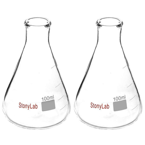stonylab (2 Pack) 100 ml Narrow Mouth Erlenmeyer Glass Flasks with Heavy Duty Rim (100ml Fits with stonylab 5# Rubber Stopper)...