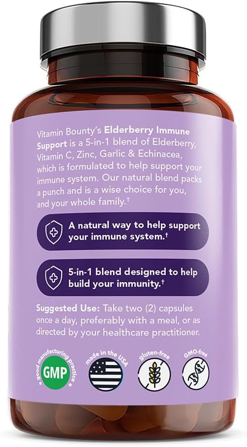Vitamin Bounty Elderberry Organic Elderberry Capsules for Adults - Elderberry Vitamin C and Zinc Supplement, & Echinacea, Immune System Support, A...
