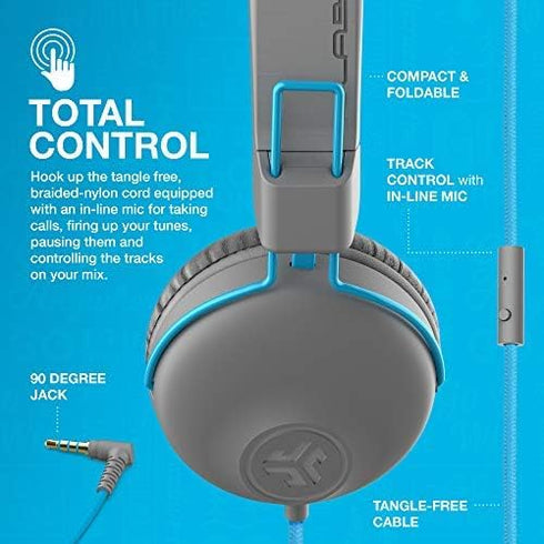JLab Studio On-Ear Headphones, Wired Headphones, Gray/Blue, Tangle Free Cord, Ultra-Plush Faux Leather with Cloud Foam Cushions, 40mm Neodymium Dr...