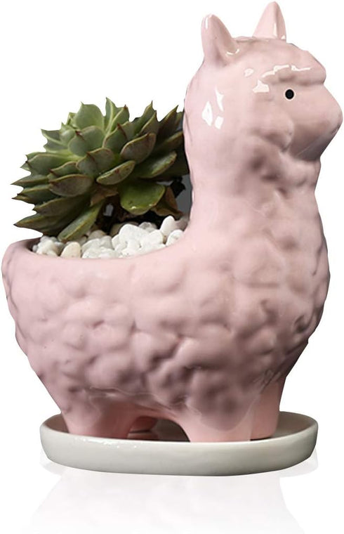 Lependor Cute Llama Succulent Planter Pot with Drainage Tray, White Ceramic Cactus/Flower Container, Animal Alpaca Bonsai Holder for Indoor Plants...