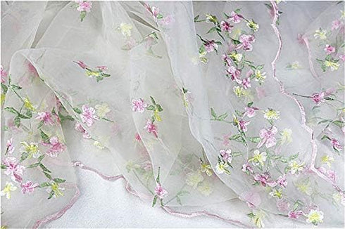 Floral Pattern Fabric 54 inches Width Pink and Yellow Floral Embroidery Organdy Lace Fabric by The Yard...