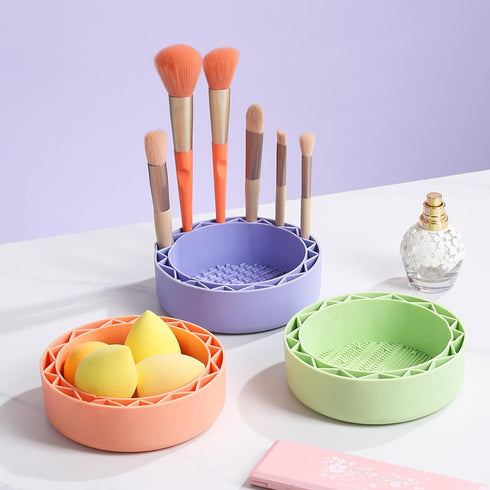 3 in-1 Makeup Brush Cleaner, Sillicon Brushes Cleaning Mat Brush Holder Bowl Prtable Cleaning Tool(Orange)...