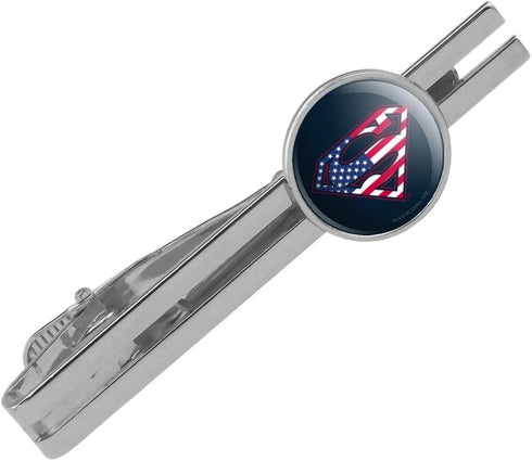 Superman USA American Flag Shield Logo Round Tie Bar Clip Clasp Tack Silver Color Plated...