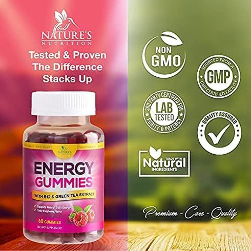 Energy Gummies Vitamin B12, Green Tea & Natural Caffeine, Extra Strength 1000 mcg Daily Energy Vitamins, Delicious Raspberry Flavor Gummy Chewable...