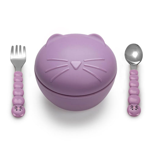 melii Silicone Bowl with Lid & Utensils – spoon and fork for Baby, Toddlers and Kids, BPA Free, Dishwasher & Microwave Safe (Cat)...