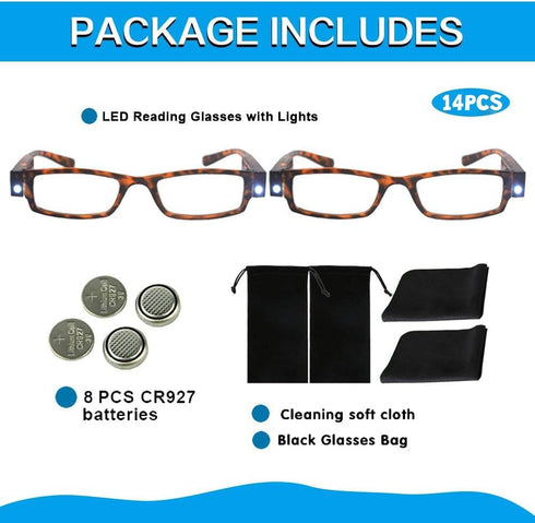Bright LED Readers with Lights Reading Glasses Lighted Magnifier Nighttime Reader Compact Full Frame Eyewear Clear Vision Unisex Clear Vision Ligh...