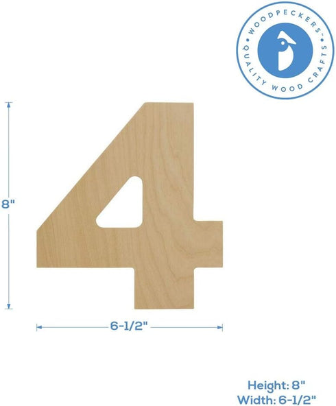 Woodpeckers Wooden Number 4 Cutouts 8" - Birch Wood - Jumbo Numbers for Wall Decor, Crafts, Parties & Home Decor - Pack of 1...