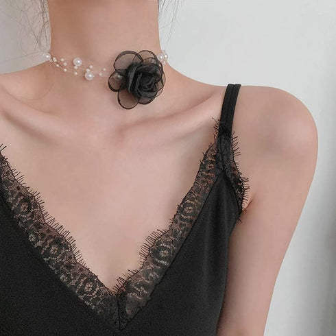 Camellia Rose Flower Choker Necklace Vintage Artificial Pearl Necklace for Women, Elegance Neck Accessories Wedding Party Necklaces Summer Necklac...