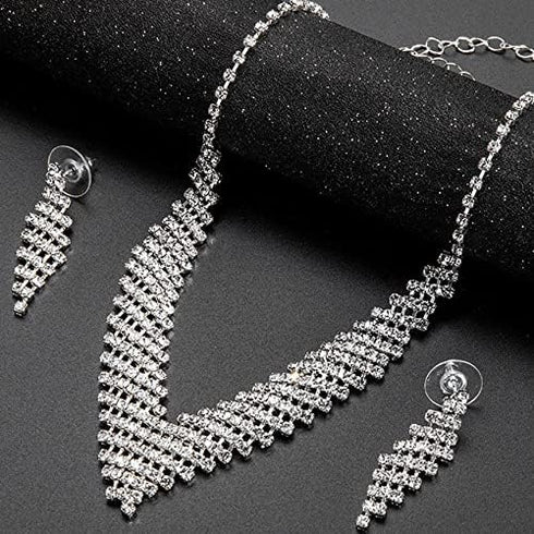 Simple Crystal Rhinestones Bridal Necklace Earrings Set Jewelry Set for Women Necklace Dangle Earrings Set Wedding Party Jewelry for Bridal Brides...