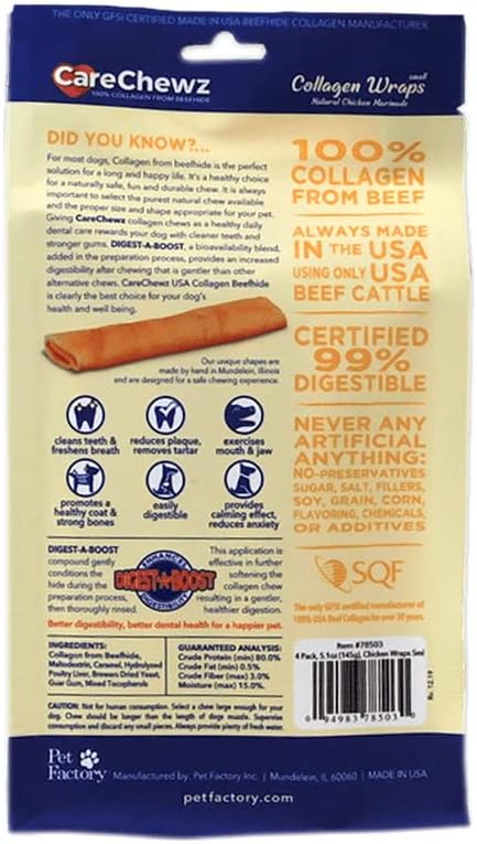 Pet Factory CareChewz Collagen 6-7" Small Wraps Dog Chew Treats - Chicken Flavor, 4 Count/1 Pack...
