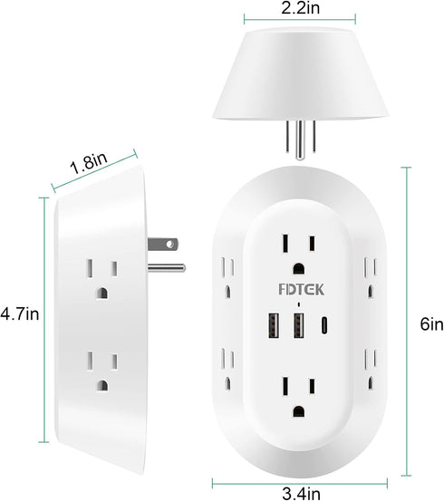 USB Wall Charger, FDTEK Surge Protector 6 Outlet Power Strip Multi Plug Outlet with USB-C Charging Ports, 3-Sided Outlet Splitter Wall Plug Adapte...