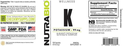 NutraBio Potassium Complex, Potassium Supplement for Healthy Heart, Bones, Muscles & Digestion, 99mg - 120 Vegetable Capsules...