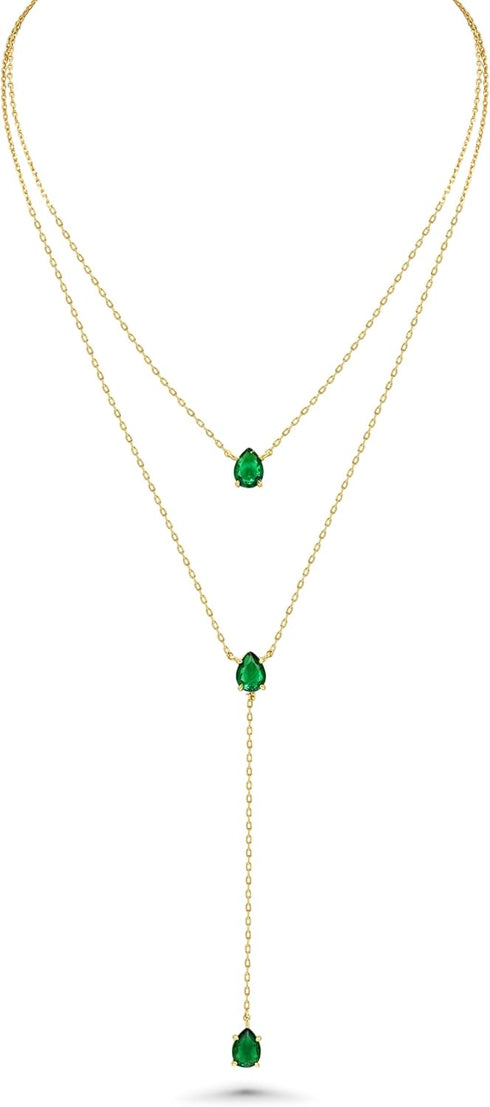 Long 18K Gold Plated Layered Emerald Pendant Necklace For Women, Dainty Birthstone Necklace, Statement Necklace Jewelry Gifts....