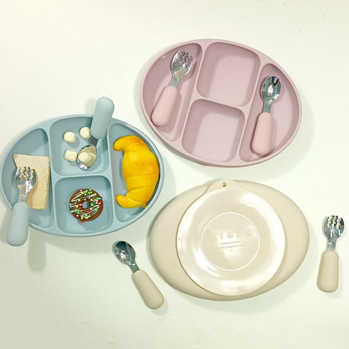 Divided Food Feeding Bowl Silicone Baby Dishes Kid Dinner Suction Baby Silicone Tableware Plate Bowl Spoon Fork Set BPA Free Non Toxic Eco Friendl...