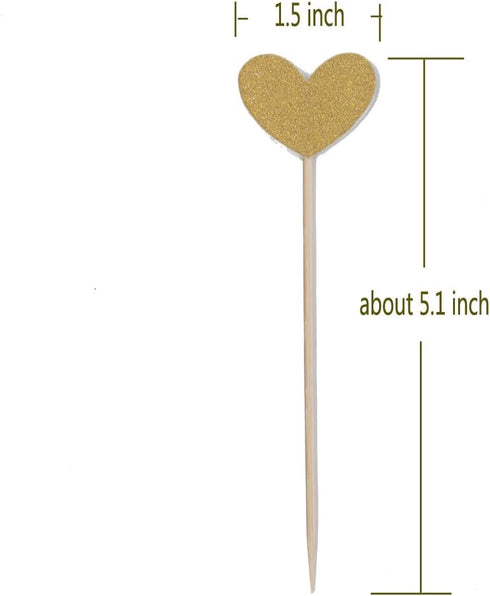 WARMBUY 50 Pack Double Sided Gold Glitter Cupcake Toppers Attached with Sticks for Baby Bridal Shower Birthday Party and Wedding (Heart)...