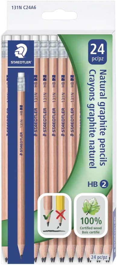 STAEDTLER 131N Unpainted Natural Wood Graphite Pencils, HB2 Woodcased Pencils, Lacquer-Free Round Barrel, Pack of 24...