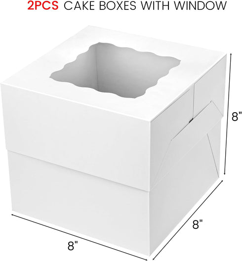 VGOODALL 2PCS Cake Boxes with Window, White Bakery Boxes Square Cardboard Cake Containers for Birthday Party Wedding 8 x 8 x 8 Inch...