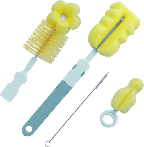 Baby Bottle Brush - 4 in 1 Bottle Scrubber Cleaner Brushes Set, Sponge Milk Water Brush Kit, includes Baby Bottle Cleaner Brush, Nipple Brush & St...