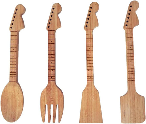 Bamboo Guitar Neck Shaped Kitchen Cooking Utensil Set - Guitar Shaped Musician Gifts - Set of 4: Spoon, Spatulas and Salad Fork...