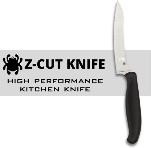 Spyderco Z-Cut Kitchen Knife with 4.4" Pointed Tip CTS BD1N Stainless Steel Blade and Durable Black Polypropylene Handle - PlainEdge - K14PBK...