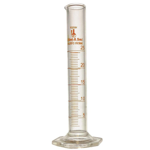 25ml Graduated Cylinder, Borosilicate 3.3 Glass, Single Metric Scale, Class B, Karter Scientific 233B2 (Single)...