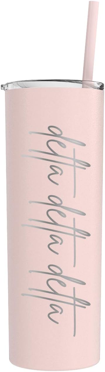 Go Greek Chic Delta Delta Delta Laser Engraved Skinny Tumbler with Straw, Stainless Steel 20 oz Capacity (Blush)...