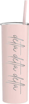 Go Greek Chic Delta Delta Delta Laser Engraved Skinny Tumbler with Straw, Stainless Steel 20 oz Capacity (Blush)...