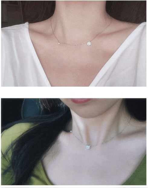 Dtja Sterling Silver Square Crystal Choker Necklace for Women Girls Cushion Shape Cubic Zirconia Small Delicate Princess Cut Pendant Necklace Adju...